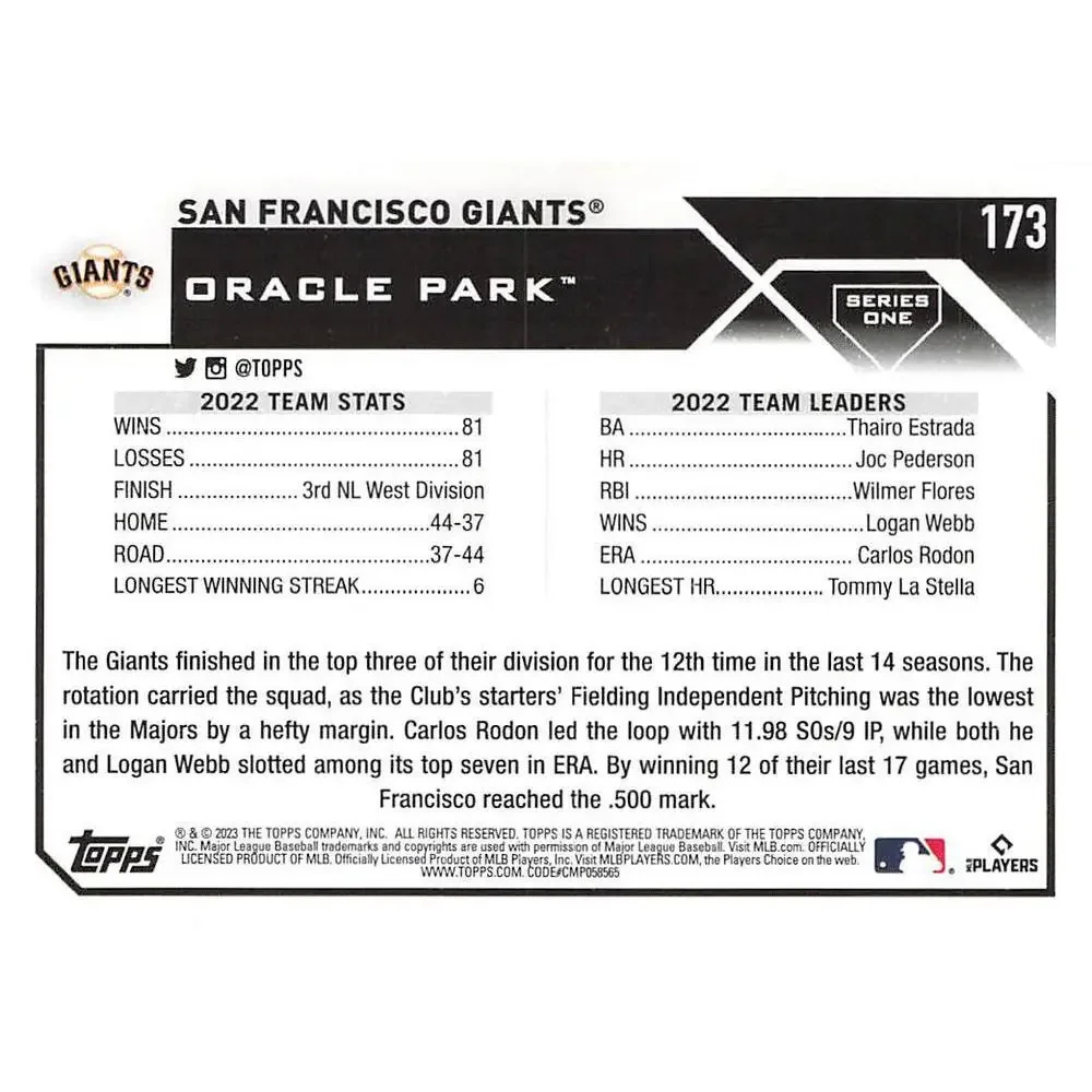 2023 Topps Gold Star San Francisco Giants Team Card #173 San Francisco Giants